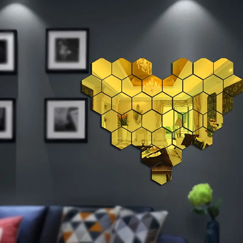 Gold / Silver Hexagonal Acrylic Mirror Wall Sticker Set 12pcs 3D (7cm x 8cm) - Image 3