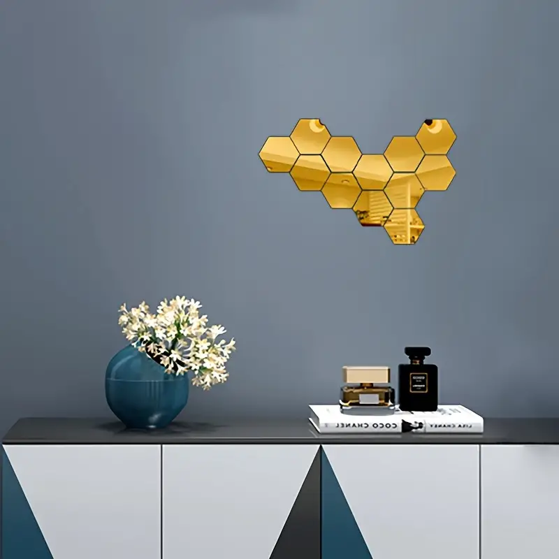 Gold / Silver Hexagonal Acrylic Mirror Wall Sticker Set 12pcs 3D (7cm x 8cm) - Image 2