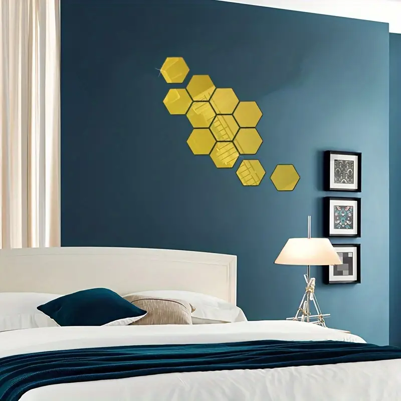 Gold / Silver Hexagonal Acrylic Mirror Wall Sticker Set 12pcs 3D (7cm x 8cm) - Image 4