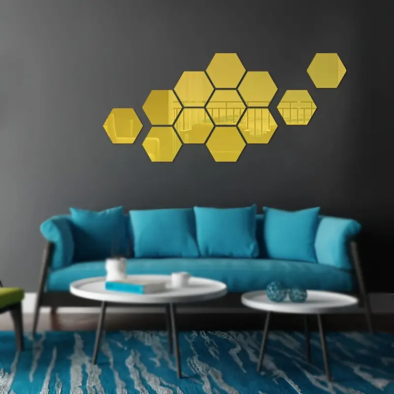 Gold / Silver Hexagonal Acrylic Mirror Wall Sticker Set 12pcs 3D (7cm x 8cm) - Image 5