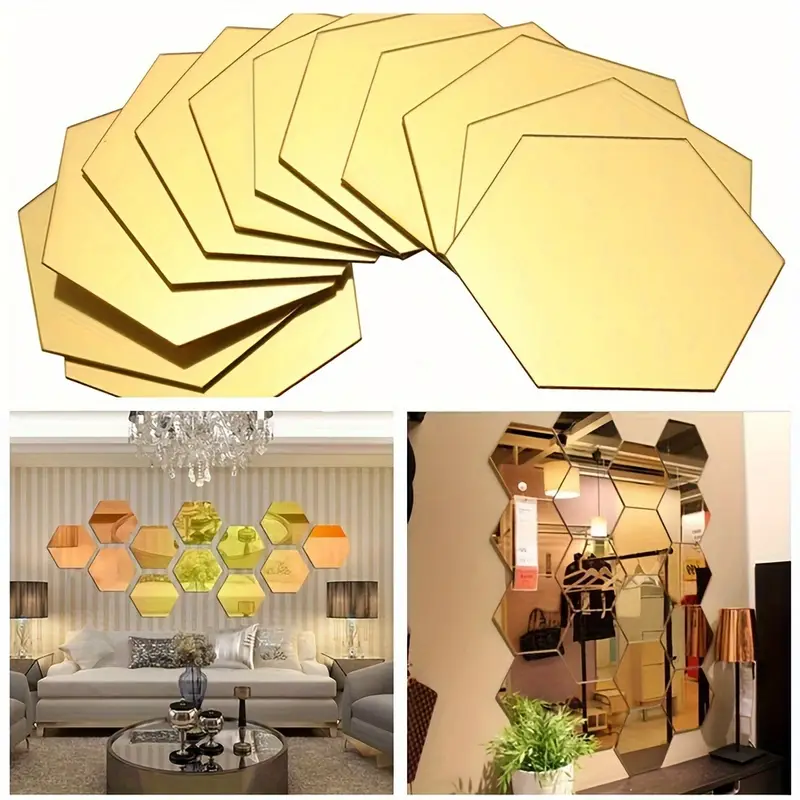 Gold / Silver Hexagonal Acrylic Mirror Wall Sticker Set 12pcs 3D (7cm x 8cm) - Image 6