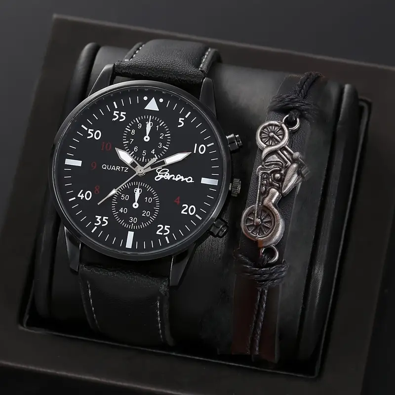 Youth Fashion Black Quartz Watch & Motorcycle Bracelet Set - Limited Edition!
